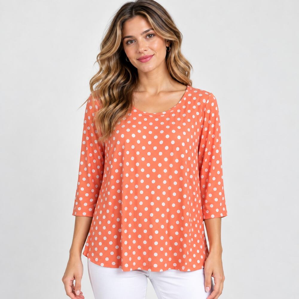Clean Susan Graver Liquid Knit Blouse Women's Size M Peach Polka-dot Cottage